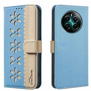 For Realme 12+ 5G Splicing Color Hollow Flower Pattern RFID Leather Phone Case(Baby Blue)
