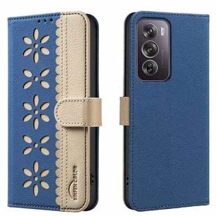 For Realme 12 Pro 5G / 12 Pro+ 5G Splicing Color Hollow Flower Pattern RFID Leather Phone Case(Dark Blue)
