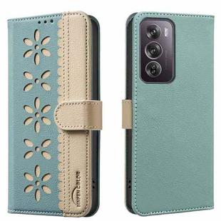 For Realme 12 Pro 5G / 12 Pro+ 5G Splicing Color Hollow Flower Pattern RFID Leather Phone Case(Green)