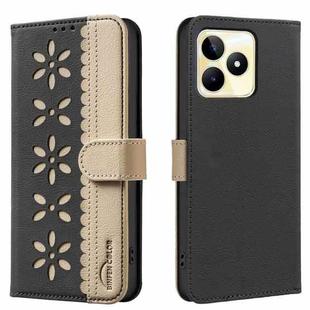 For Realme C53 Splicing Color Hollow Flower Pattern RFID Leather Phone Case(Black)