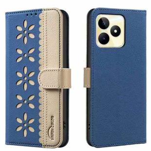 For Realme C53 Splicing Color Hollow Flower Pattern RFID Leather Phone Case(Dark Blue)