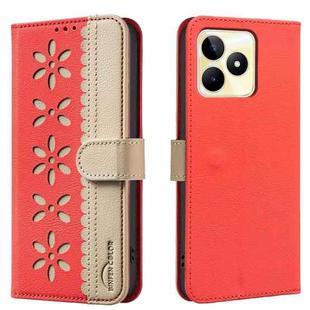 For Realme C53 Splicing Color Hollow Flower Pattern RFID Leather Phone Case(Red)