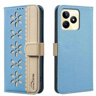 For Realme C53 Splicing Color Hollow Flower Pattern RFID Leather Phone Case(Baby Blue)