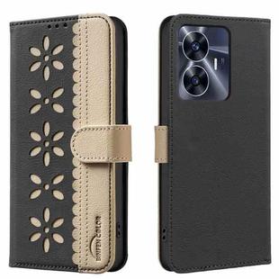 For Realme C55 Splicing Color Hollow Flower Pattern RFID Leather Phone Case(Black)
