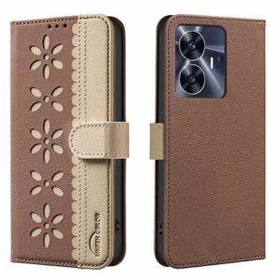 For Realme C55 Splicing Color Hollow Flower Pattern RFID Leather Phone Case(Brown)