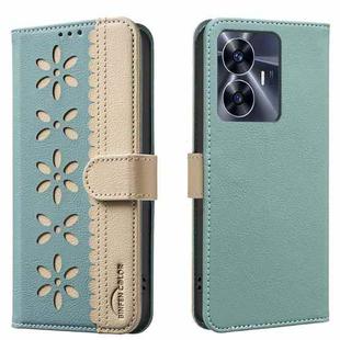 For Realme C55 Splicing Color Hollow Flower Pattern RFID Leather Phone Case(Green)