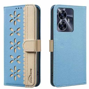 For Realme C55 Splicing Color Hollow Flower Pattern RFID Leather Phone Case(Baby Blue)