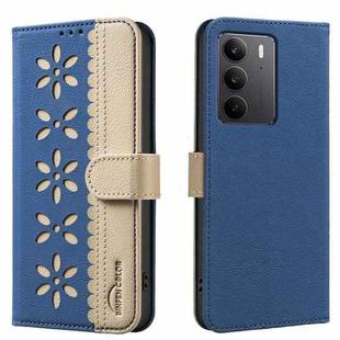 For Realme C75 4G Splicing Color Hollow Flower Pattern RFID Leather Phone Case(Dark Blue)