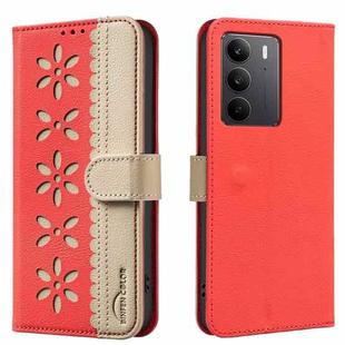 For Realme C75 4G Splicing Color Hollow Flower Pattern RFID Leather Phone Case(Red)