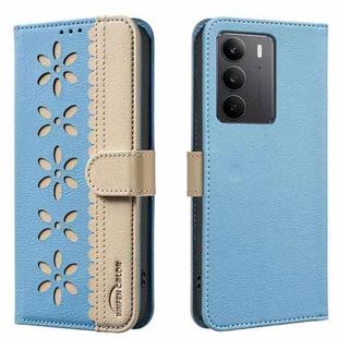 For Realme C75 4G Splicing Color Hollow Flower Pattern RFID Leather Phone Case(Baby Blue)