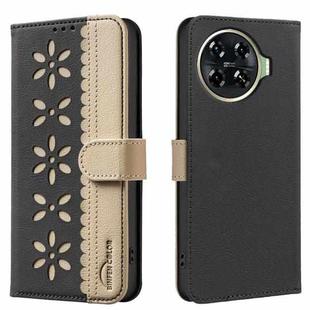 For Tecno Spark 20 Pro+ Splicing Color Hollow Flower Pattern RFID Leather Phone Case(Black)
