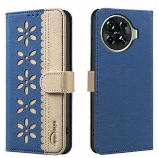 For Tecno Spark 20 Pro+ Splicing Color Hollow Flower Pattern RFID Leather Phone Case(Dark Blue)
