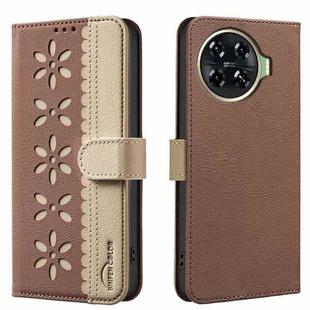 For Tecno Spark 20 Pro+ Splicing Color Hollow Flower Pattern RFID Leather Phone Case(Brown)