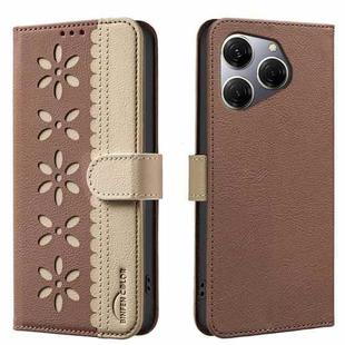 For Tecno Spark 20 Pro Splicing Color Hollow Flower Pattern RFID Leather Phone Case(Brown)