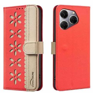 For Tecno Spark 20 Pro Splicing Color Hollow Flower Pattern RFID Leather Phone Case(Red)