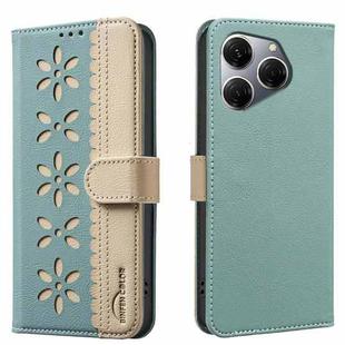 For Tecno Spark 20 Pro Splicing Color Hollow Flower Pattern RFID Leather Phone Case(Green)