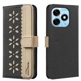 For Tecno Spark 20 Splicing Color Hollow Flower Pattern RFID Leather Phone Case(Black)