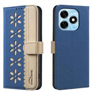 For Tecno Spark 20 Splicing Color Hollow Flower Pattern RFID Leather Phone Case(Dark Blue)
