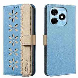 For Tecno Spark 20 Splicing Color Hollow Flower Pattern RFID Leather Phone Case(Baby Blue)