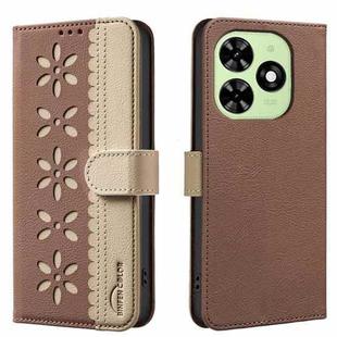 For Tecno Spark GO 2024 / 20C / Pop 8 Splicing Color Hollow Flower Pattern RFID Leather Phone Case(Brown)