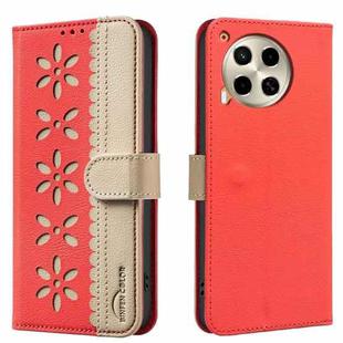 For Tecno Camon 30 4G / 30 5G Splicing Color Hollow Flower Pattern RFID Leather Phone Case(Red)