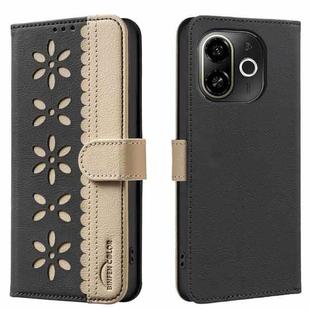 For Tecno Pop 9 5G / Spark 30C 5G Splicing Color Hollow Flower Pattern RFID Leather Phone Case(Black)
