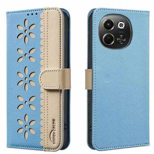 For Tecno Pova 6 Neo 5G / Spark 30 5G Splicing Color Hollow Flower Pattern RFID Leather Phone Case(Baby Blue)