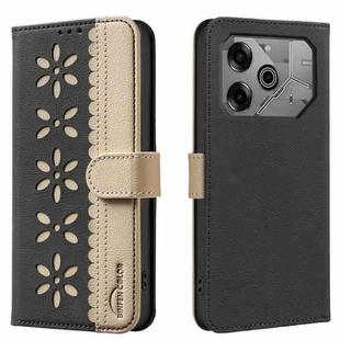 For Tecno Pova 6 / Pova 6 Pro 5G Splicing Color Hollow Flower Pattern RFID Leather Phone Case(Black)