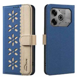 For Tecno Pova 6 / Pova 6 Pro 5G Splicing Color Hollow Flower Pattern RFID Leather Phone Case(Dark Blue)