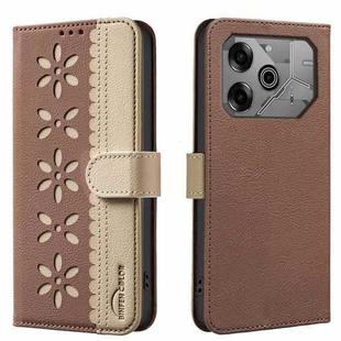 For Tecno Pova 6 / Pova 6 Pro 5G Splicing Color Hollow Flower Pattern RFID Leather Phone Case(Brown)