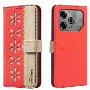 For Tecno Pova 6 / Pova 6 Pro 5G Splicing Color Hollow Flower Pattern RFID Leather Phone Case(Red)