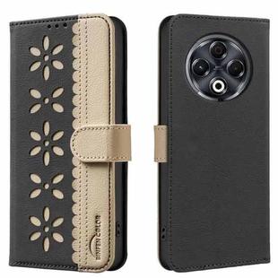 For Tecno Spark 30 4G Splicing Color Hollow Flower Pattern RFID Leather Phone Case(Black)