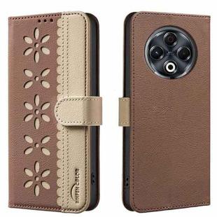 For Tecno Spark 30 4G Splicing Color Hollow Flower Pattern RFID Leather Phone Case(Brown)
