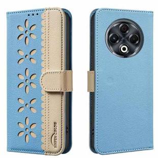 For Tecno Spark 30 4G Splicing Color Hollow Flower Pattern RFID Leather Phone Case(Baby Blue)