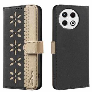 For Tecno Spark 30 Pro 4G Splicing Color Hollow Flower Pattern RFID Leather Phone Case(Black)