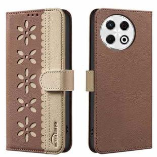 For Tecno Spark 30 Pro 4G Splicing Color Hollow Flower Pattern RFID Leather Phone Case(Brown)
