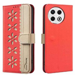 For Tecno Spark 30 Pro 4G Splicing Color Hollow Flower Pattern RFID Leather Phone Case(Red)