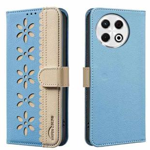 For Tecno Spark 30 Pro 4G Splicing Color Hollow Flower Pattern RFID Leather Phone Case(Baby Blue)