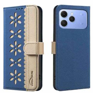 For Tecno Spark 40 4G Splicing Color Hollow Flower Pattern RFID Leather Phone Case(Dark Blue)