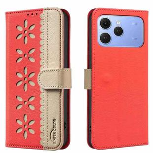 For Tecno Spark 40 4G Splicing Color Hollow Flower Pattern RFID Leather Phone Case(Red)