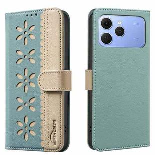 For Tecno Spark 40 4G Splicing Color Hollow Flower Pattern RFID Leather Phone Case(Green)