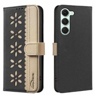 For Tecno Spark 40 Pro 4G Splicing Color Hollow Flower Pattern RFID Leather Phone Case(Black)