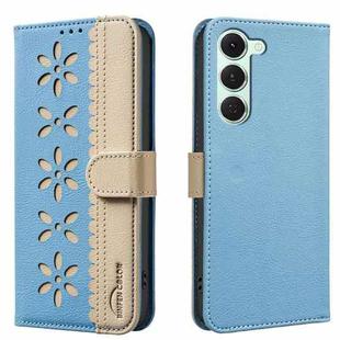 For Tecno Spark 40 Pro 4G Splicing Color Hollow Flower Pattern RFID Leather Phone Case(Baby Blue)