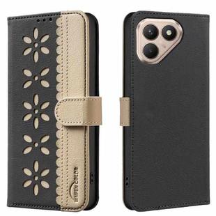 For Tecno Pova 7 Pro 5G Splicing Color Hollow Flower Pattern RFID Leather Phone Case(Black)