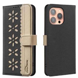 For iPhone 13 Pro Max Splicing Color Hollow Flower Pattern RFID Leather Phone Case(Black)