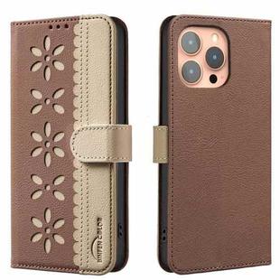 For iPhone 13 Pro Max Splicing Color Hollow Flower Pattern RFID Leather Phone Case(Brown)