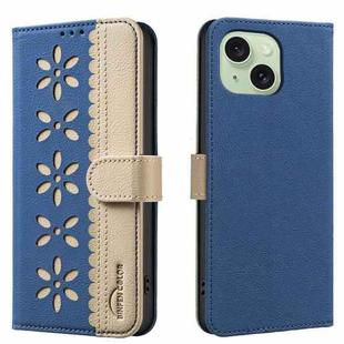 For iPhone 14 Plus / 15 Plus Splicing Color Hollow Flower Pattern RFID Leather Phone Case(Dark Blue)
