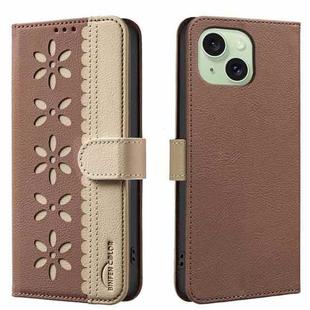 For iPhone 14 Plus / 15 Plus Splicing Color Hollow Flower Pattern RFID Leather Phone Case(Brown)