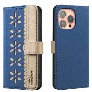 For iPhone 15 Pro Max Splicing Color Hollow Flower Pattern RFID Leather Phone Case(Dark Blue)