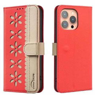 For iPhone 15 Pro Max Splicing Color Hollow Flower Pattern RFID Leather Phone Case(Red)